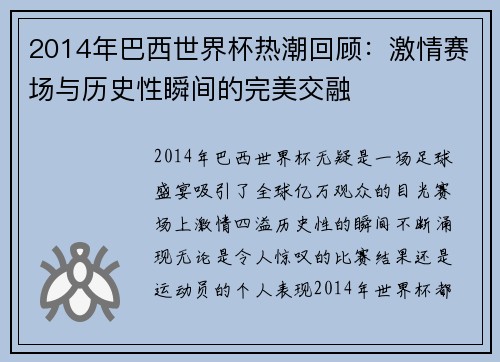 2014年巴西世界杯热潮回顾:激情赛场与历史性瞬间的完美交融